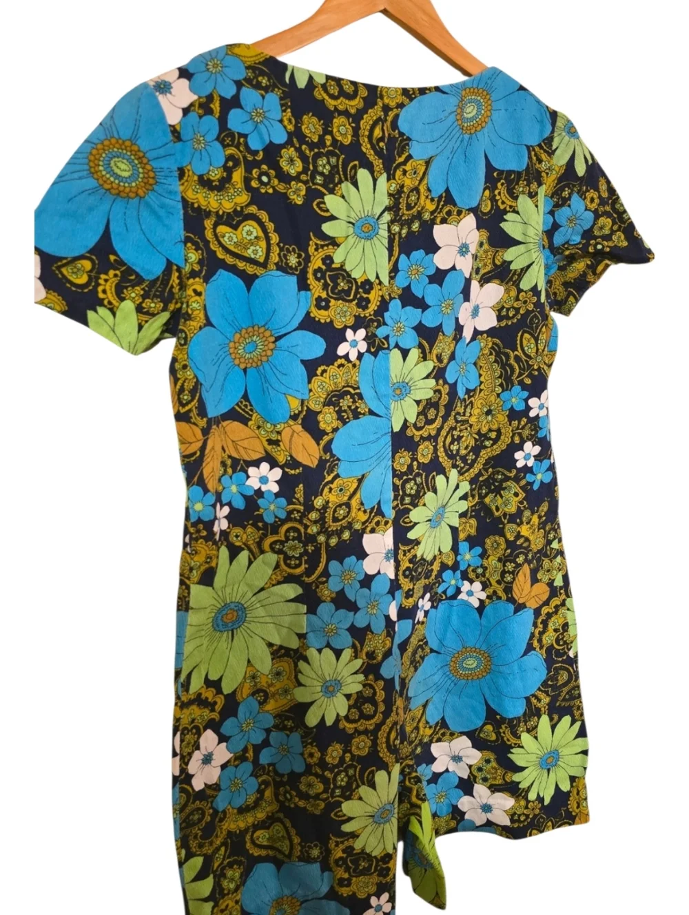 Vintage 70s Floral Romper Psych Mod Hippie Daisy Print Mini Jumpsuit Blue Green - Picture 3 of 15